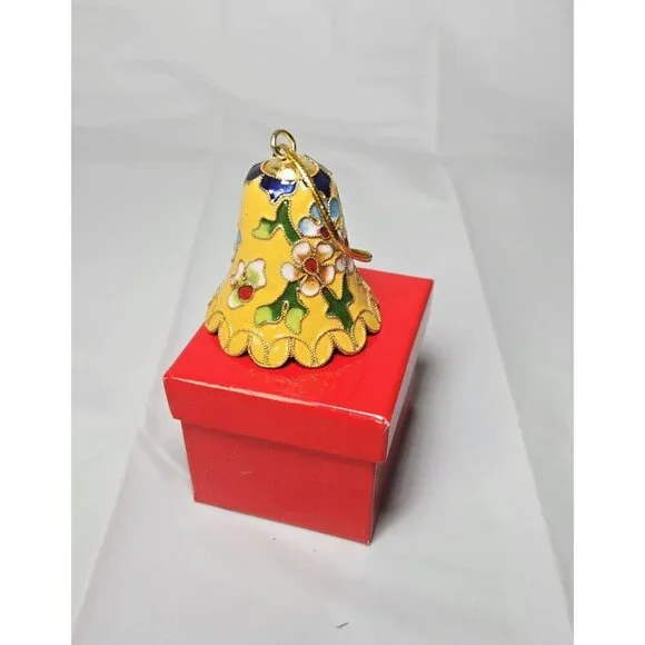 Vtg Cloisonne Enamel Floral Bell Brass Tone w/bright Yellow Enamel Interior 2" - Picture 2 of 3